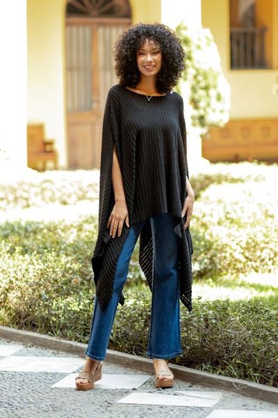 Alternate image for Organic Pima Cotton Knitted Poncho in Black from Peru Pintu Spring in Black