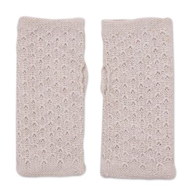Alternate image for Patterned 100 Baby Alpaca Fingerless Mitts in Ivory Gossamer Champagne