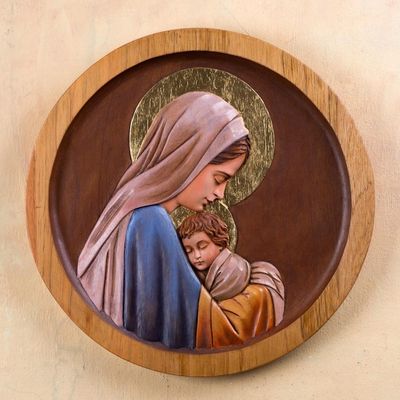 Alternate image for Tender Portrait of Mary and Baby Jesus Handcarved in Cedar Our Lady of Tenderness