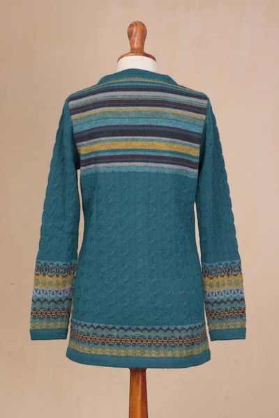 Alternate image for Cable Knit 100 Alpaca Cardigan in Teal from Peru Patchwork in Teal