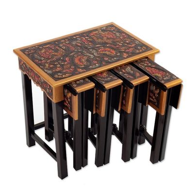 Alternate image for Set of 5 Accent Tables Handmade from Wood and Leather Firebirds