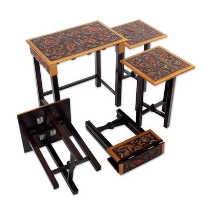 Alternate image for Set of 5 Accent Tables Handmade from Wood and Leather Firebirds