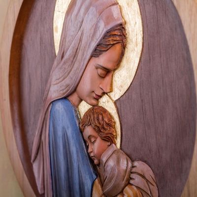 Alternate image for Tender Portrait of Mary and Baby Jesus Handcarved in Cedar Our Lady of Tenderness