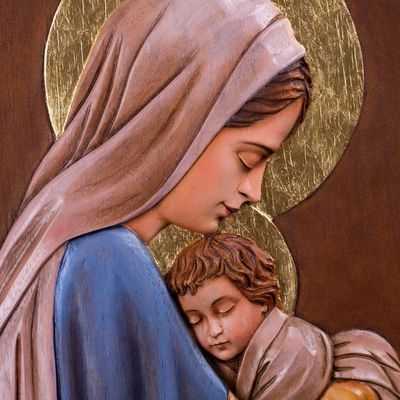 Alternate image for Tender Portrait of Mary and Baby Jesus Handcarved in Cedar Our Lady of Tenderness