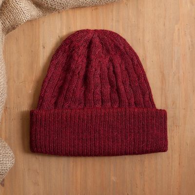 Alternate image for Cranberry Red 100 Alpaca Soft Cable Knit Hat from Peru Comfy in Burgundy