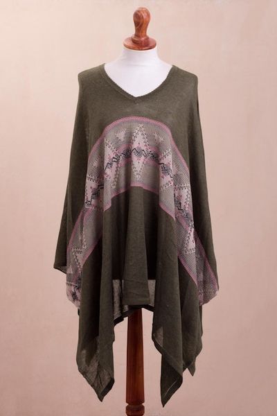 Alternate image for Geometric Cotton Blend Poncho in Olive from Peru Olive Andes