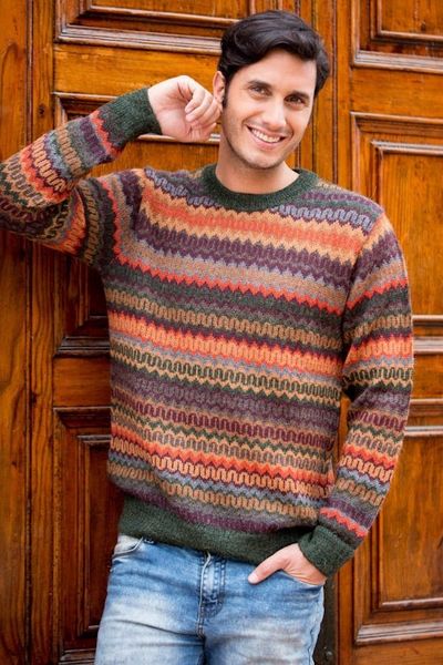 Alternate image for Multicolor Alpaca Mens Sweater with Forest Green Andean Homeland