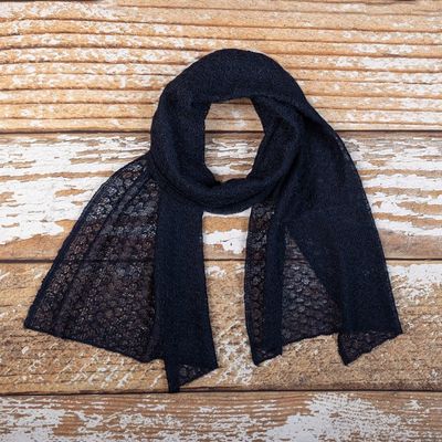 Alternate image for Textured 100 Baby Alpaca Scarf in Navy from Peru Midnight Blue Gossamer