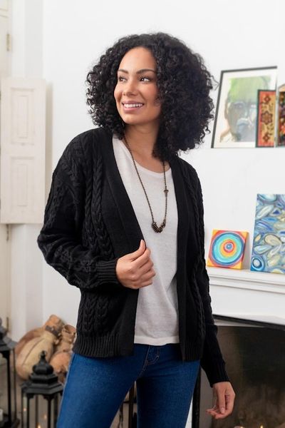 Alternate image for Eco Friendly Black Cable Knit Open Front Cardigan Black Cable Classic