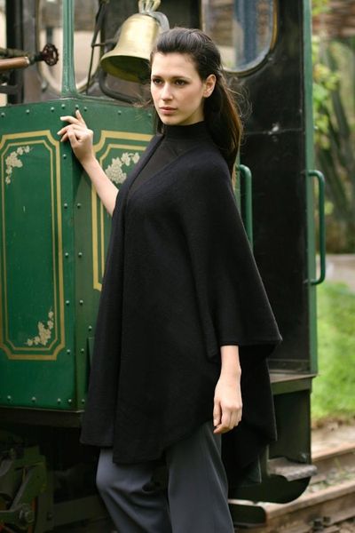 Alternate image for Alpaca Wool Solid Black Wrap Ruana Bold Black