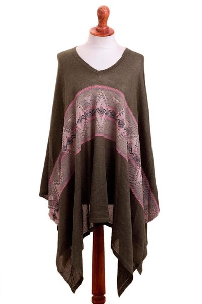 Alternate image for Geometric Cotton Blend Poncho in Olive from Peru Olive Andes