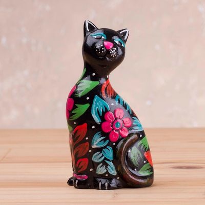 Alternate image for Ceramic Figurine of a Floral Black Cat from Peru Sweet Cat in Black