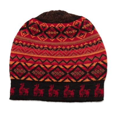 Alternate image for Red and Orange on Black Diamond Motif Alpaca Blend Knit Hat Alpaca Sunrise