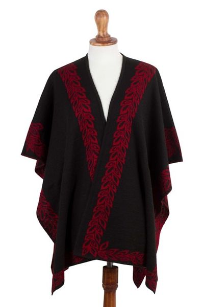 Alternate image for Black and Red Reversible Alpaca Blend Ruana from Peru Rose Attraction