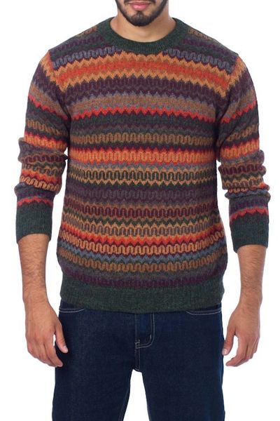 Alternate image for Multicolor Alpaca Mens Sweater with Forest Green Andean Homeland