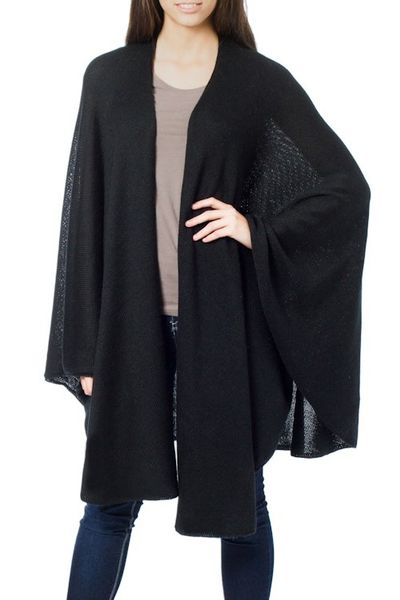 Alternate image for Alpaca Wool Solid Black Wrap Ruana Bold Black