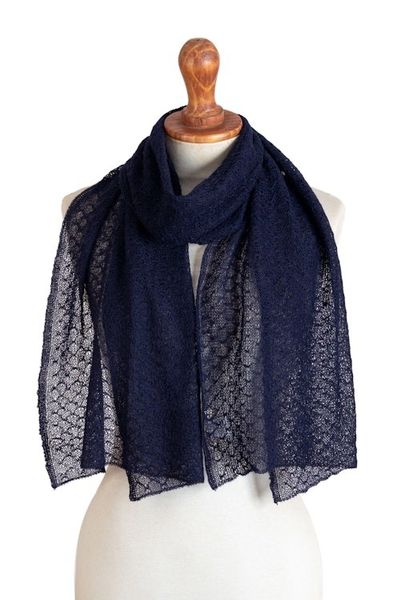 Alternate image for Textured 100 Baby Alpaca Scarf in Navy from Peru Midnight Blue Gossamer