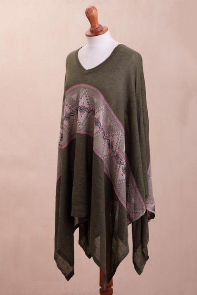 Alternate image for Geometric Cotton Blend Poncho in Olive from Peru Olive Andes