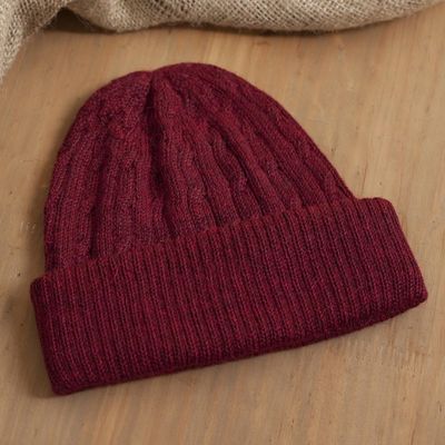 Alternate image for Cranberry Red 100 Alpaca Soft Cable Knit Hat from Peru Comfy in Burgundy