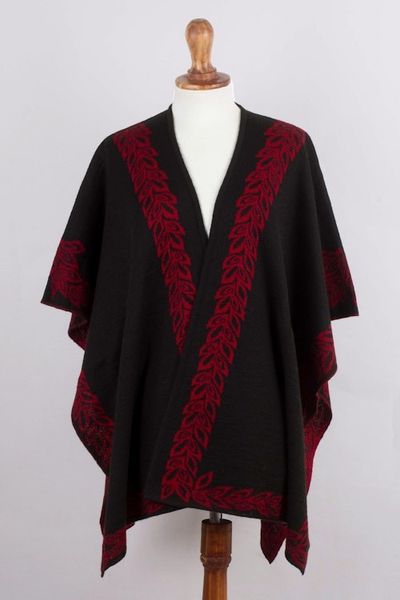 Alternate image for Black and Red Reversible Alpaca Blend Ruana from Peru Rose Attraction