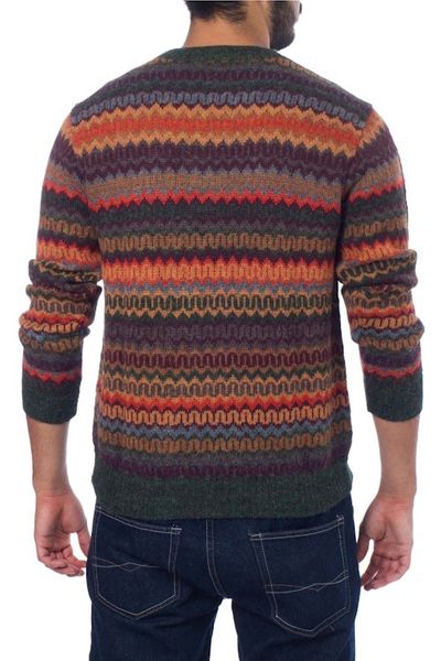 Alternate image for Multicolor Alpaca Mens Sweater with Forest Green Andean Homeland