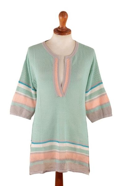 Alternate image for Cotton-Blend Loose-Knit Turquoise Tunic From Lima Peru Mint Spring