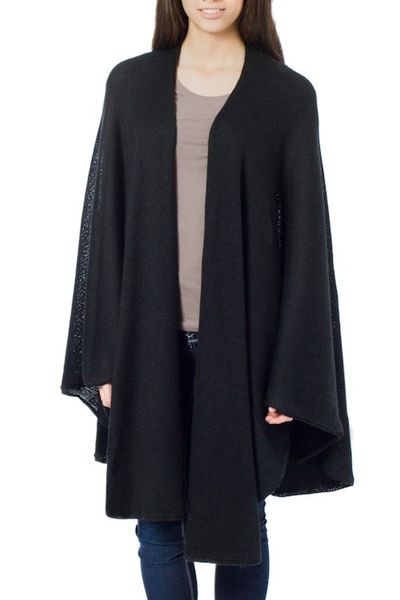 Alternate image for Alpaca Wool Solid Black Wrap Ruana Bold Black