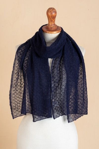 Alternate image for Textured 100 Baby Alpaca Scarf in Navy from Peru Midnight Blue Gossamer