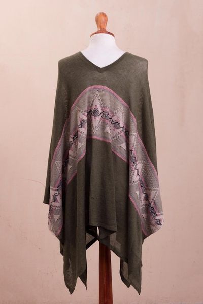 Alternate image for Geometric Cotton Blend Poncho in Olive from Peru Olive Andes