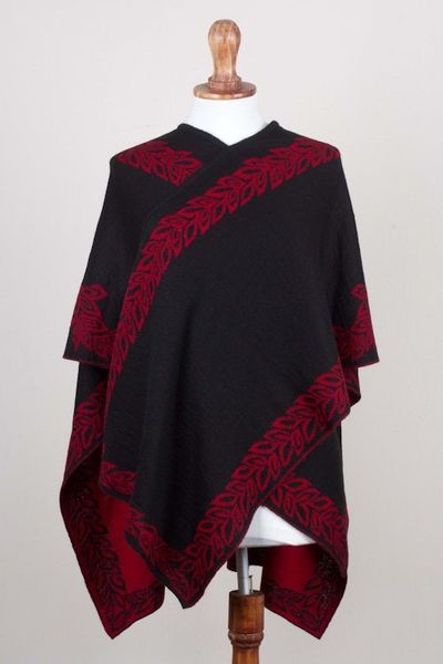 Alternate image for Black and Red Reversible Alpaca Blend Ruana from Peru Rose Attraction