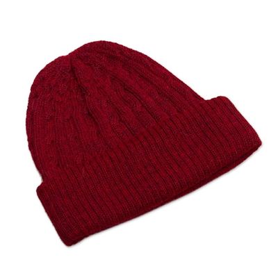 Alternate image for Cranberry Red 100 Alpaca Soft Cable Knit Hat from Peru Comfy in Burgundy