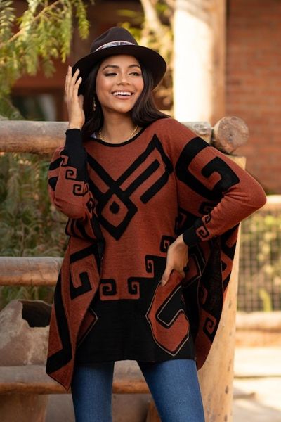 Alternate image for Black and Russet Alpaca Blend Poncho from Peru Inca Contrast