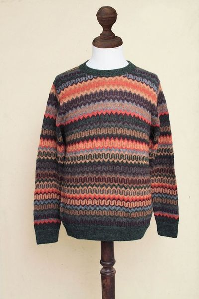 Alternate image for Multicolor Alpaca Mens Sweater with Forest Green Andean Homeland