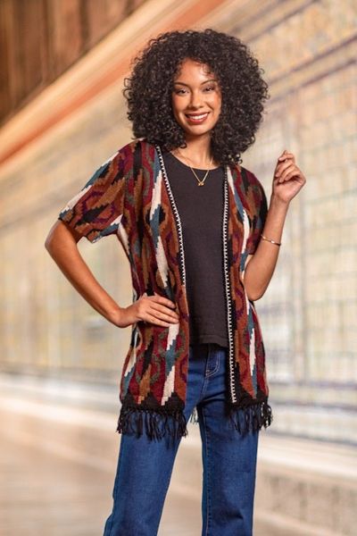 Alternate image for Inca-Inspired 100 Alpaca Cardigan Sweater in a Kimono Style Ceremonial Icons