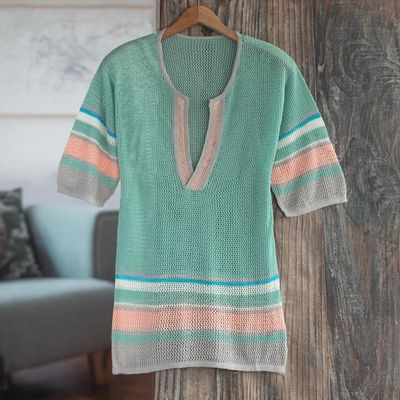 Alternate image for Cotton-Blend Loose-Knit Turquoise Tunic From Lima Peru Mint Spring