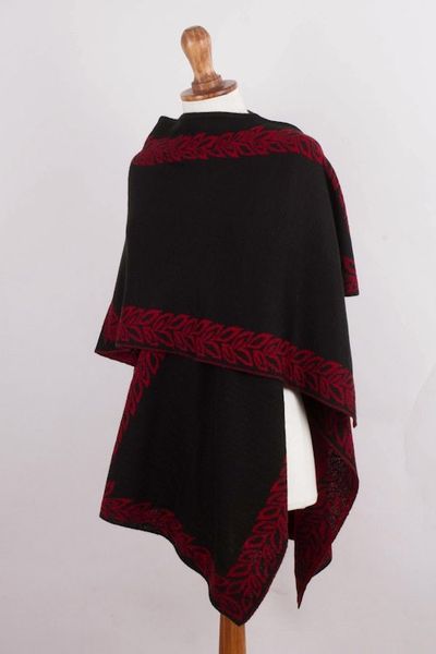 Alternate image for Black and Red Reversible Alpaca Blend Ruana from Peru Rose Attraction