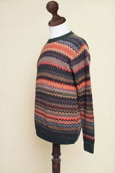 Alternate image for Multicolor Alpaca Mens Sweater with Forest Green Andean Homeland