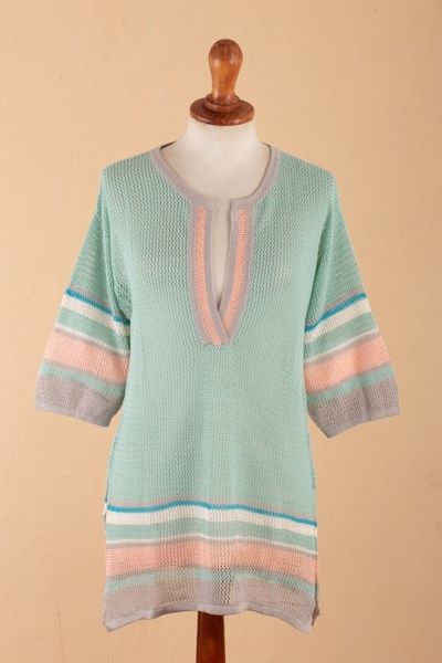 Alternate image for Cotton-Blend Loose-Knit Turquoise Tunic From Lima Peru Mint Spring