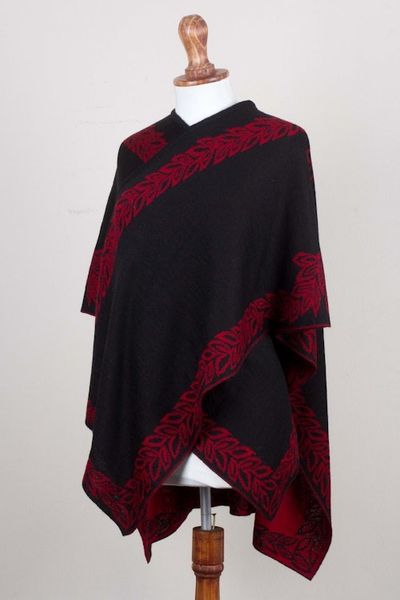Alternate image for Black and Red Reversible Alpaca Blend Ruana from Peru Rose Attraction