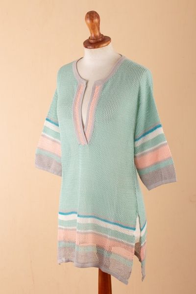 Alternate image for Cotton-Blend Loose-Knit Turquoise Tunic From Lima Peru Mint Spring