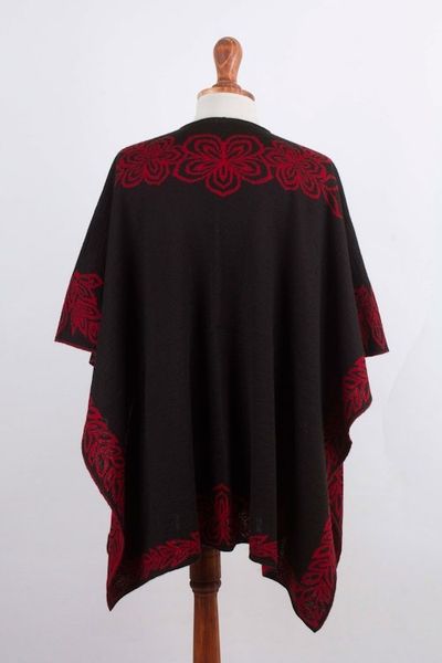 Alternate image for Black and Red Reversible Alpaca Blend Ruana from Peru Rose Attraction