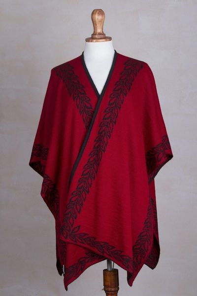 Alternate image for Black and Red Reversible Alpaca Blend Ruana from Peru Rose Attraction