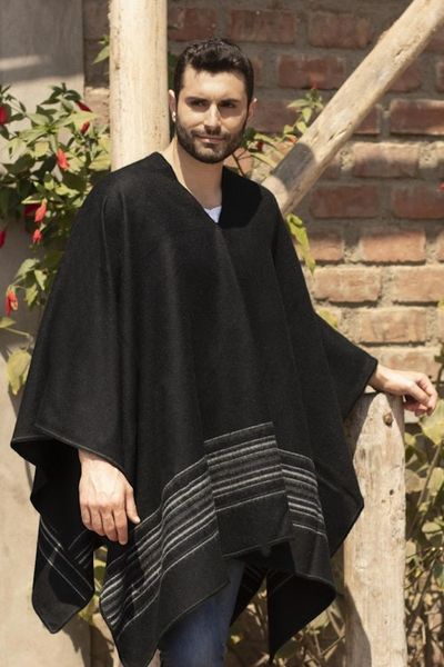 Alternate image for Artisan Crafted V-neck Alpaca Blend Poncho for Men Black Nazca
