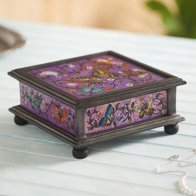 Alternate image for Reverse Painted Glass Decorative Box with Butterflies Purple Winter Butterflies