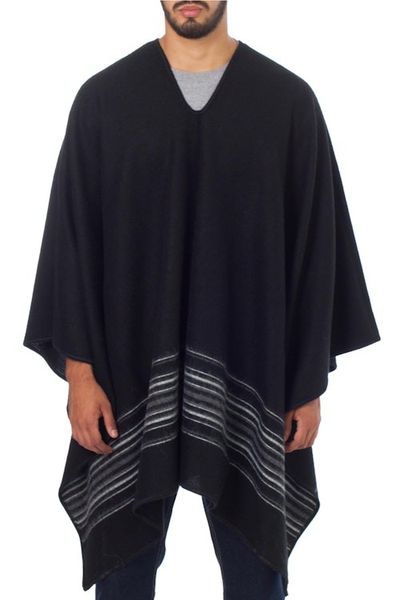 Alternate image for Artisan Crafted V-neck Alpaca Blend Poncho for Men Black Nazca