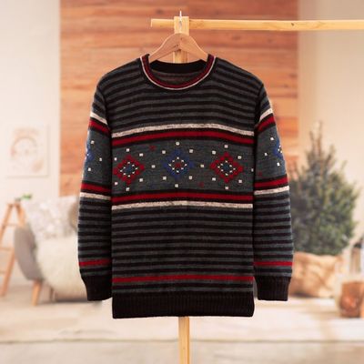 Alternate image for 100 Alpaca Mens Pullover with Hand-Embroidered Motifs Lines Stitches