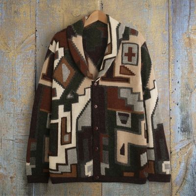 Alternate image for Mens 100 Alpaca Geometric Patterned Cardigan from Peru Inca Construction