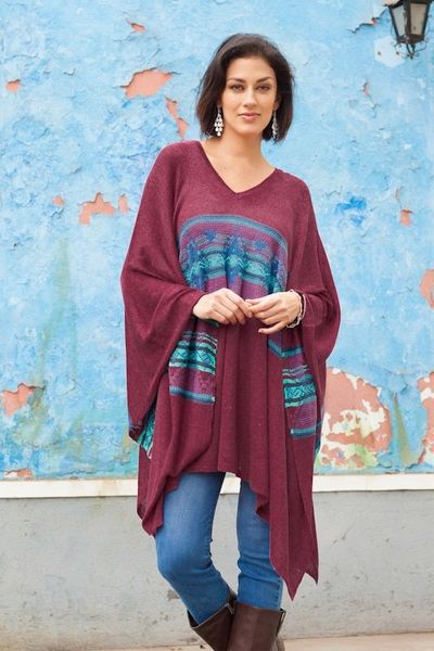 Alternate image for Cotton Blend Poncho in Cerise and Blue from Peru Andean Charm