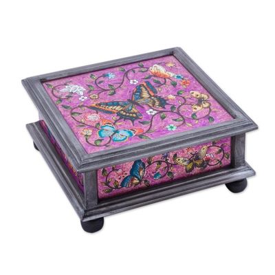 Alternate image for Reverse Painted Glass Decorative Box with Butterflies Purple Winter Butterflies