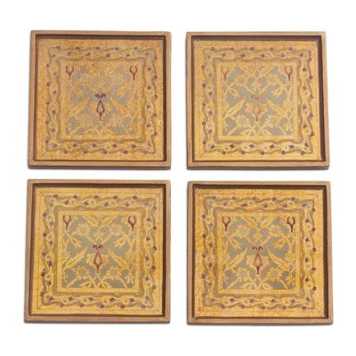 Alternate image for Four Floral Gold-Tone Reverse Painted Glass Coasters Colonial Gold